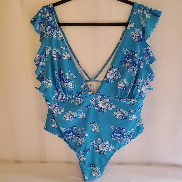 Cupshe One Piece Floral Blue Swimsuit Ruffle Shoulder Sleeves Size 3XL - Picture 1 of 9